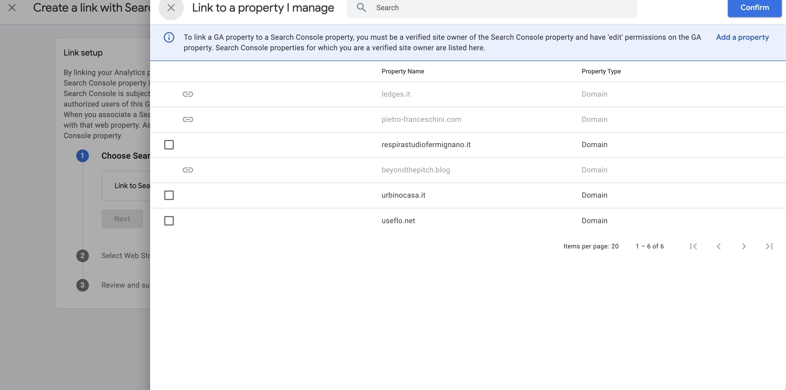 Choose the Search Console property to link