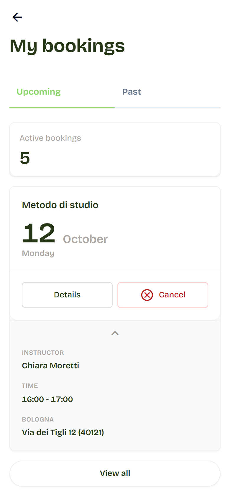 My bookings with the Upcoming tab and a Pilates Reformer booking with the Cancel button.