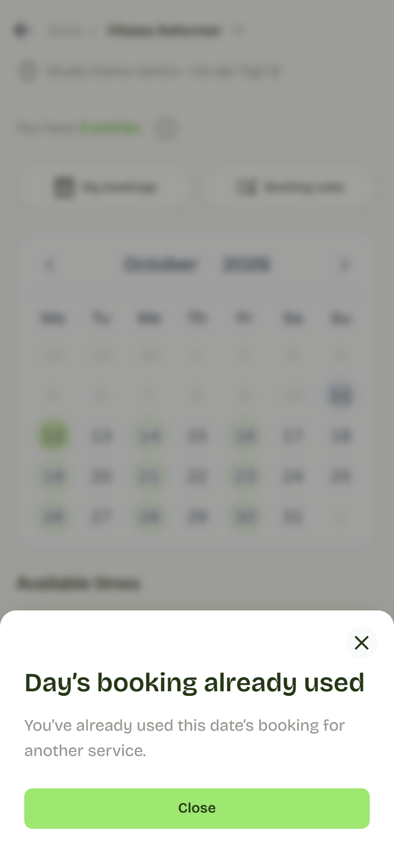 Dialog explaining why the time can't be booked.