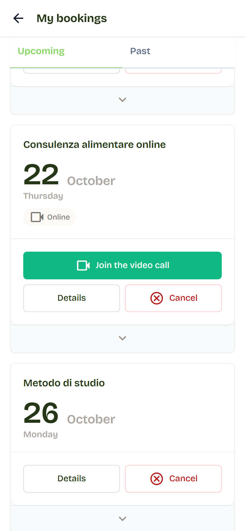 A booking in My bookings with the Online badge and the Join the video call button.