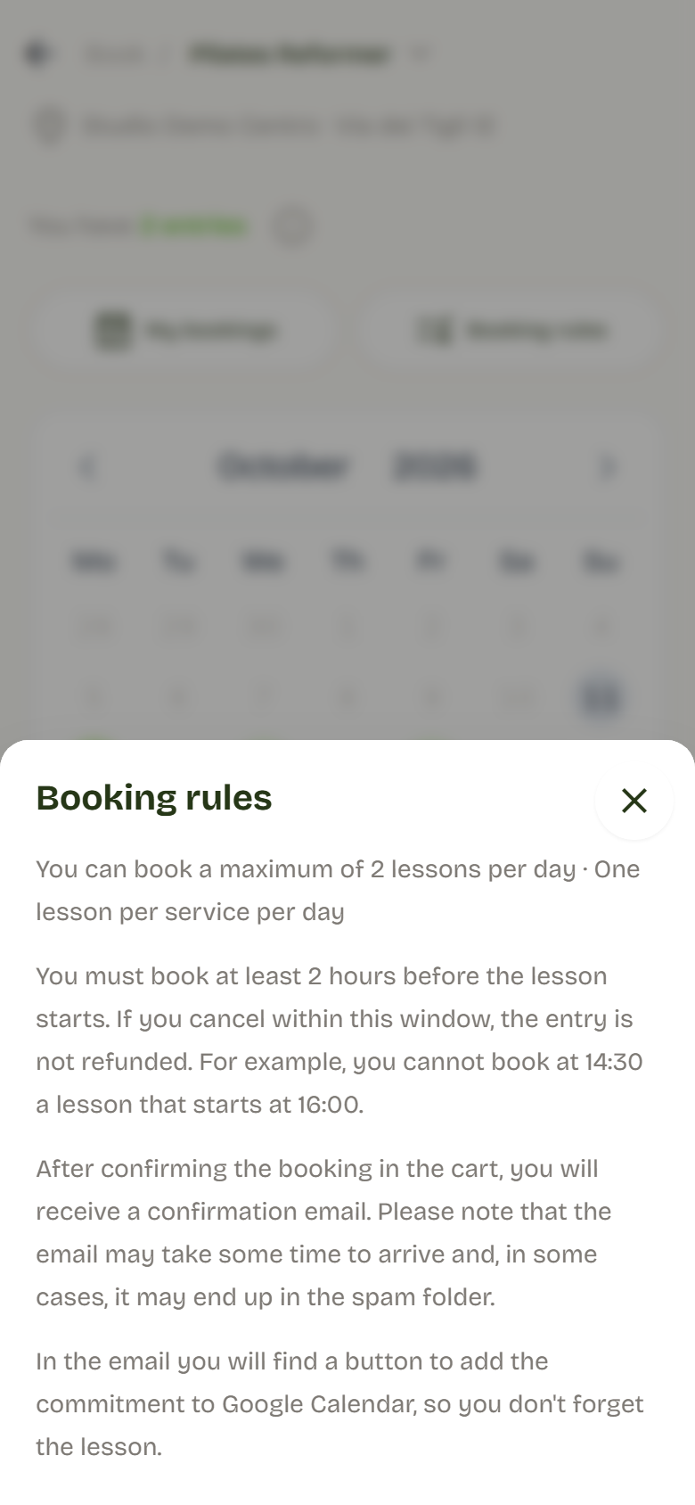 Panel with the studio's booking rules.