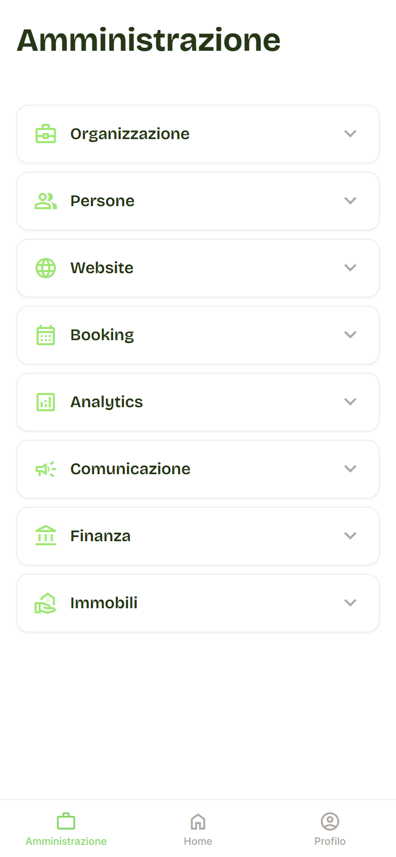 Administration page with the modules grouped as Organization, People, Booking and more.