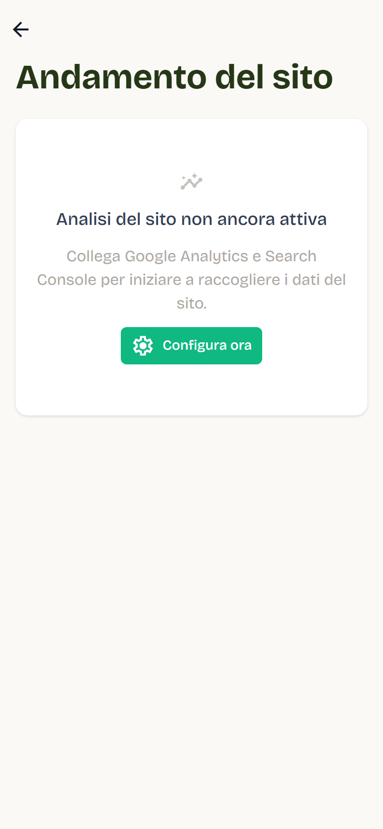 The Andamento del sito page with the Analisi del sito non ancora attiva message and the Configura ora button.