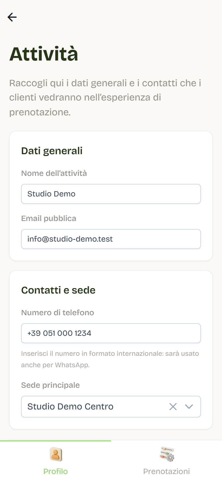 The Activity Profile tab with the name Studio Demo, public email, phone and main location.