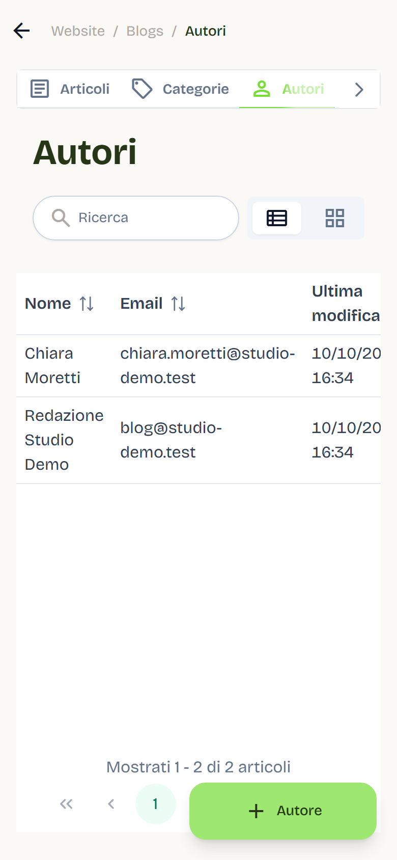 The Blog Authors tab with two authors, their email, and the Gestisci and Elimina buttons.