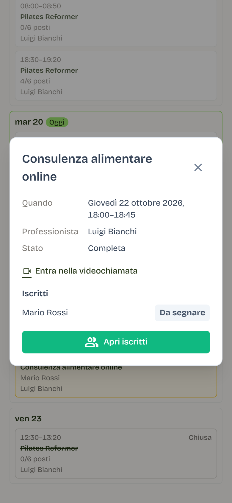 The detail of the online nutrition consultation on Thursday 22 October 2026 with the video call link and the attendee Mario Rossi.