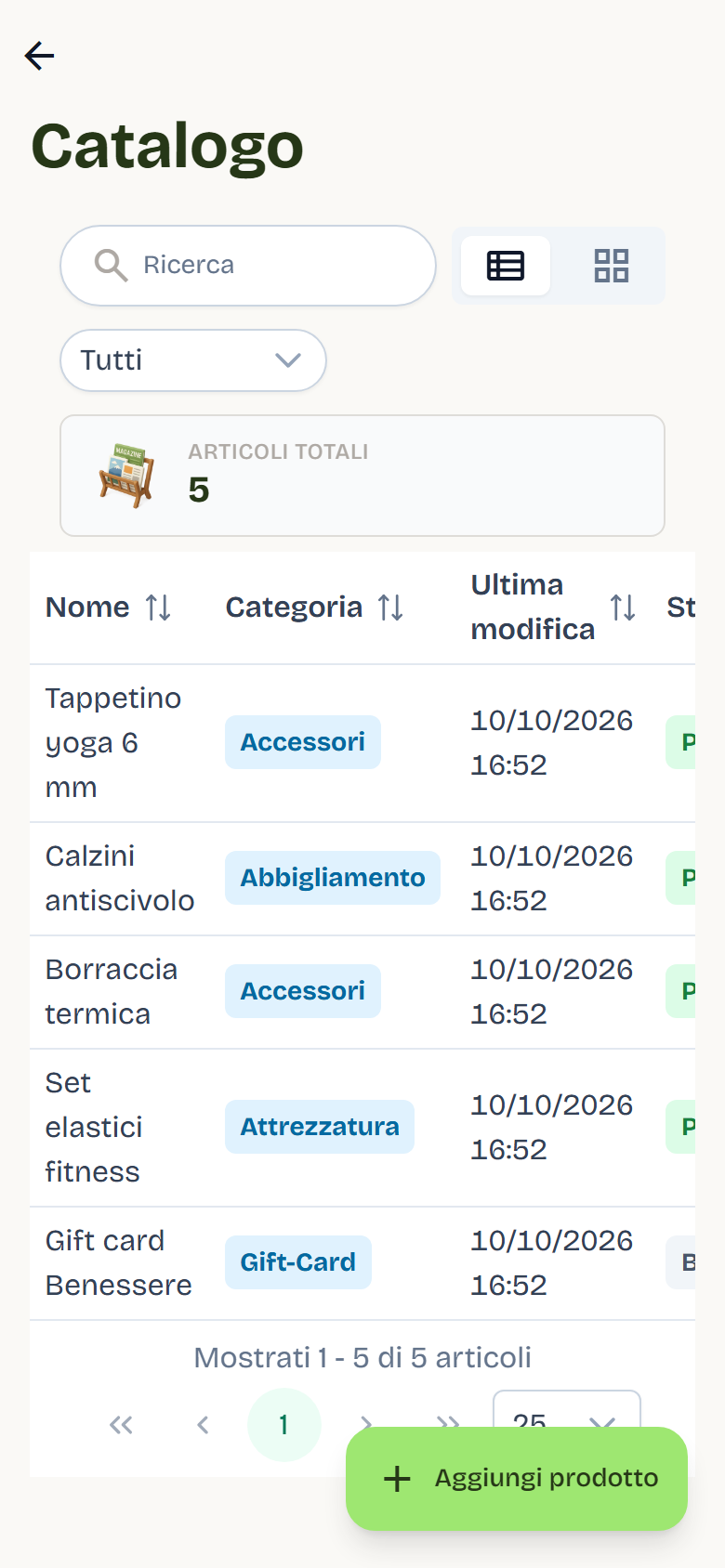 The Catalog list with five products, their category, the Published or Draft status and the Manage and Delete buttons.