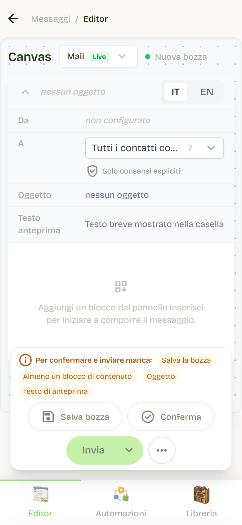 The message editor with the From, To, Subject, and Preview text fields and the list of what is missing before sending.