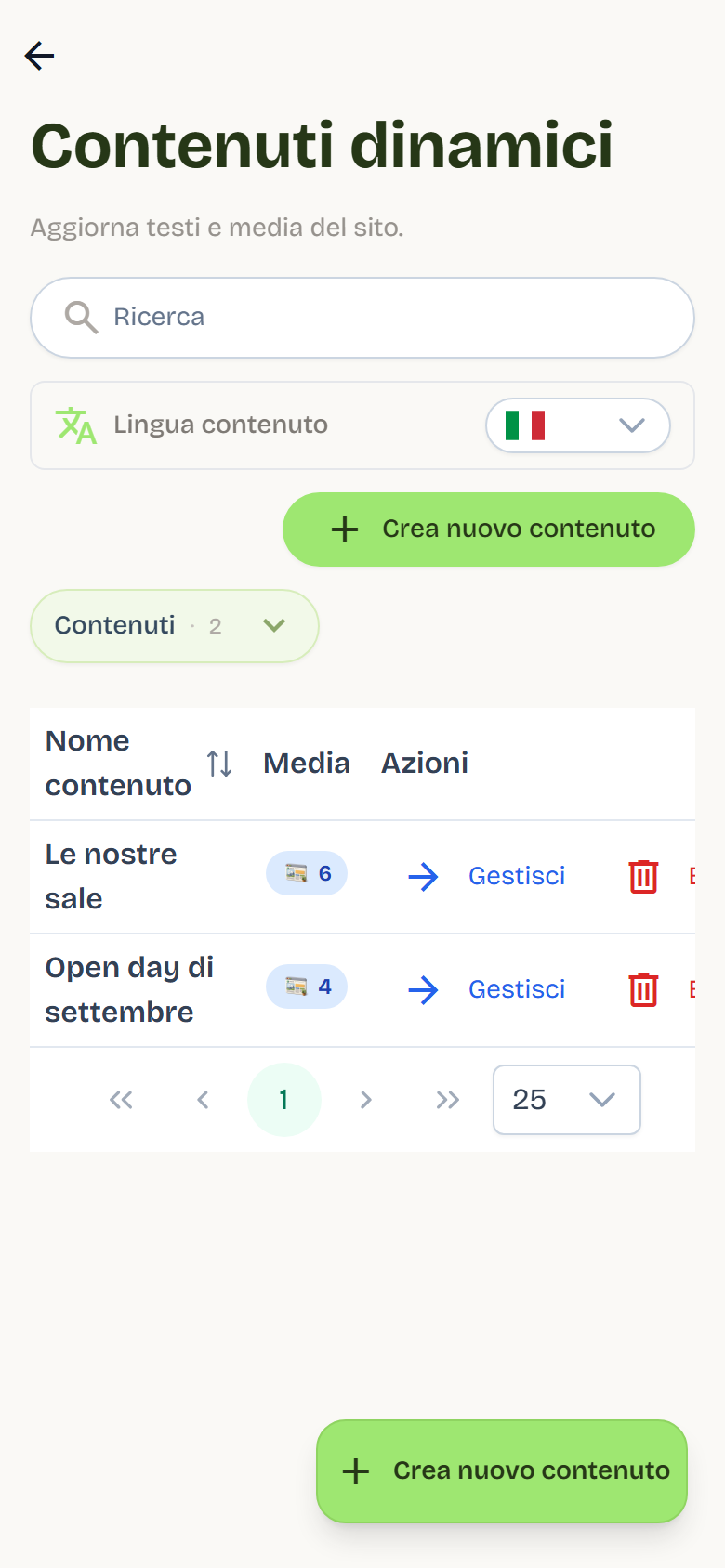 The dynamic content list with Open day di settembre and Le nostre sale, the number of media, and the Gestisci and Elimina buttons.
