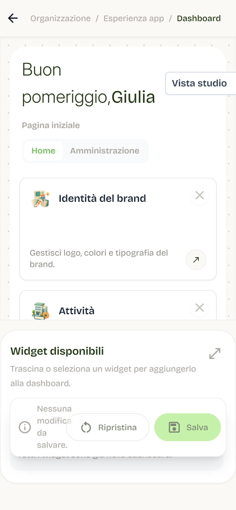 Dashboard configurator with the studio view, the start page, the module cards and the available widgets panel.