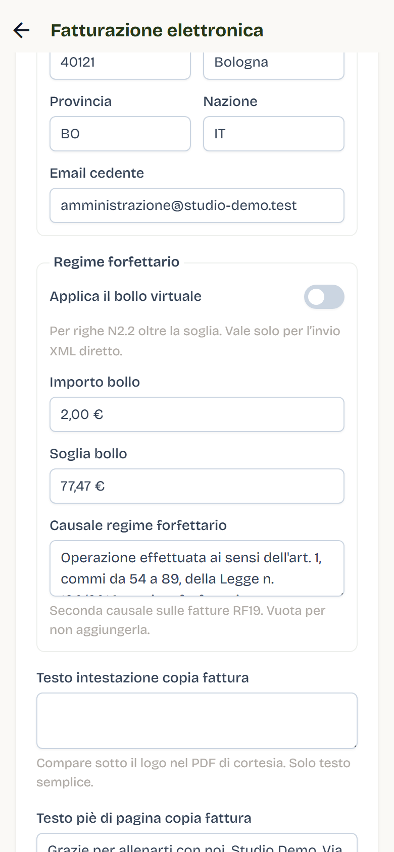 The Flat-rate regime section with the Apply the virtual stamp duty switch, Stamp amount €2.00, Stamp threshold €77.47 and the regime wording.