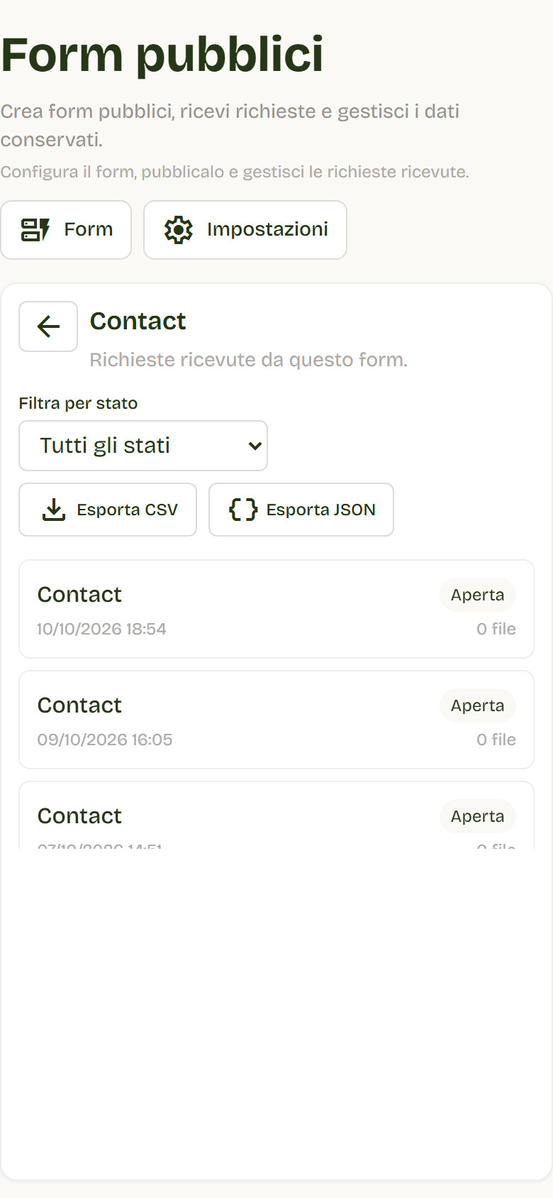 The Contact form requests with status Aperta, In lavorazione, or Chiusa, received date, and number of files.