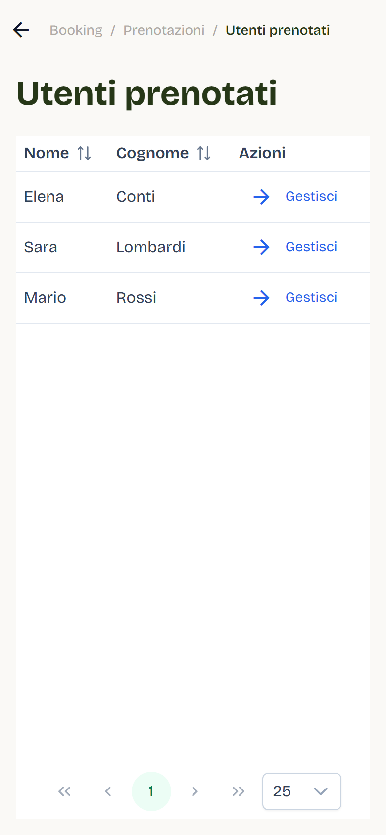 The Utenti prenotati page with three clients enrolled in a Pilates Reformer class.