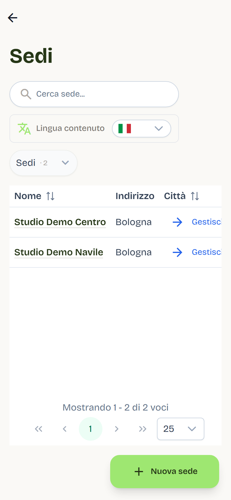Locations list with two demo locations, their addresses and the manage and delete buttons.