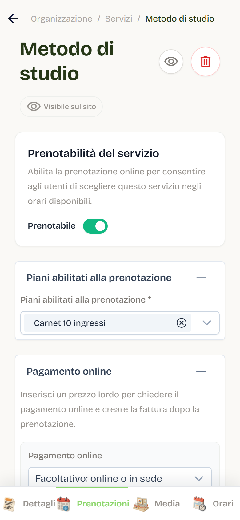 The Online payment panel of a service with the three-mode menu and the price and VAT fields.