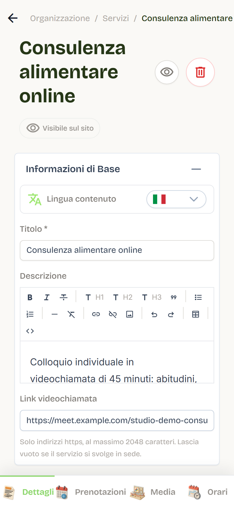 The Details tab of a service with the Link videochiamata (video call link) field filled with an https address.