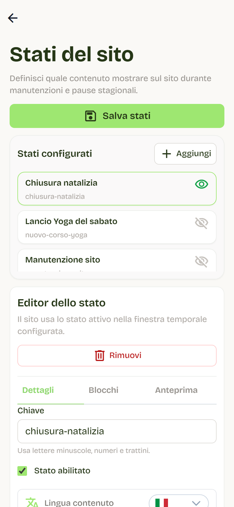 The Stati del sito page with three configured states and the editor for Chiusura natalizia open on Dettagli, with key, name, start, and end.