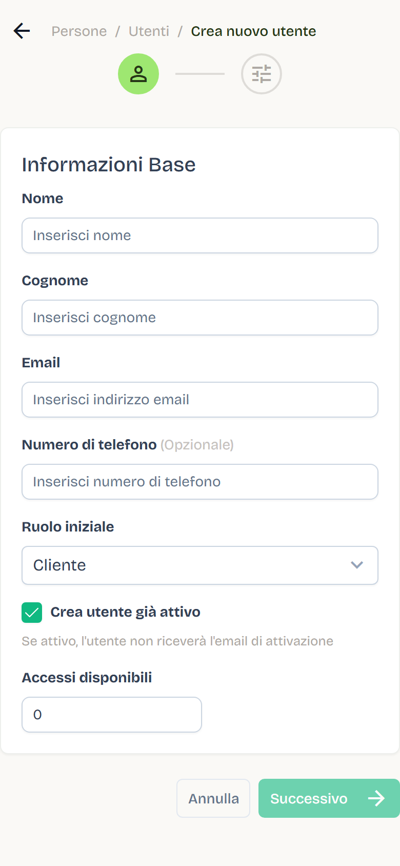 The Basic Information step of the Create new user form, with name, email, initial role and entries.