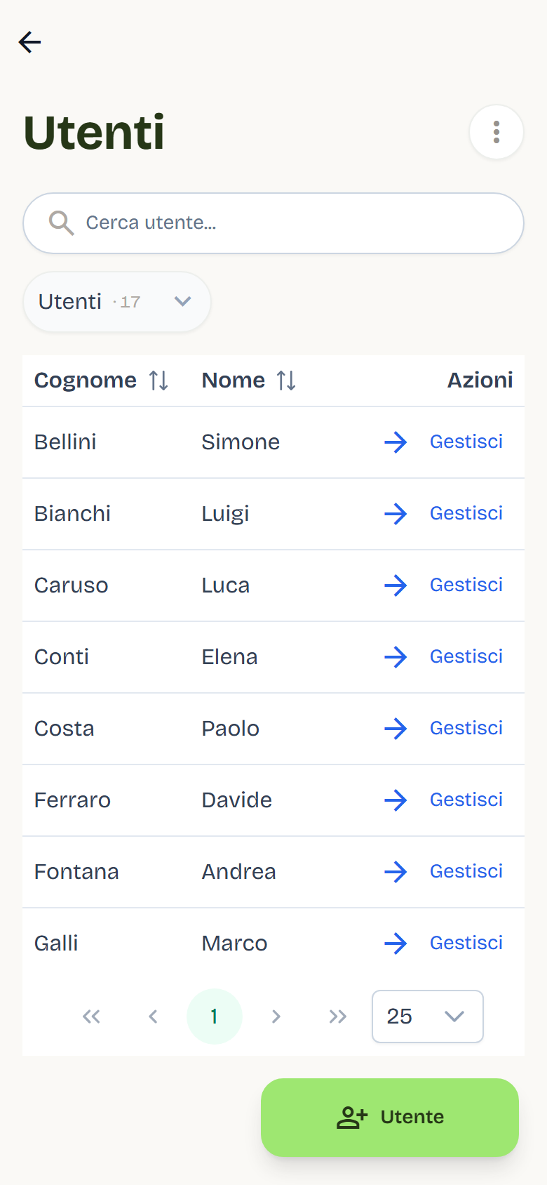 The Users list with search, the Users filter and a Manage button on every row.