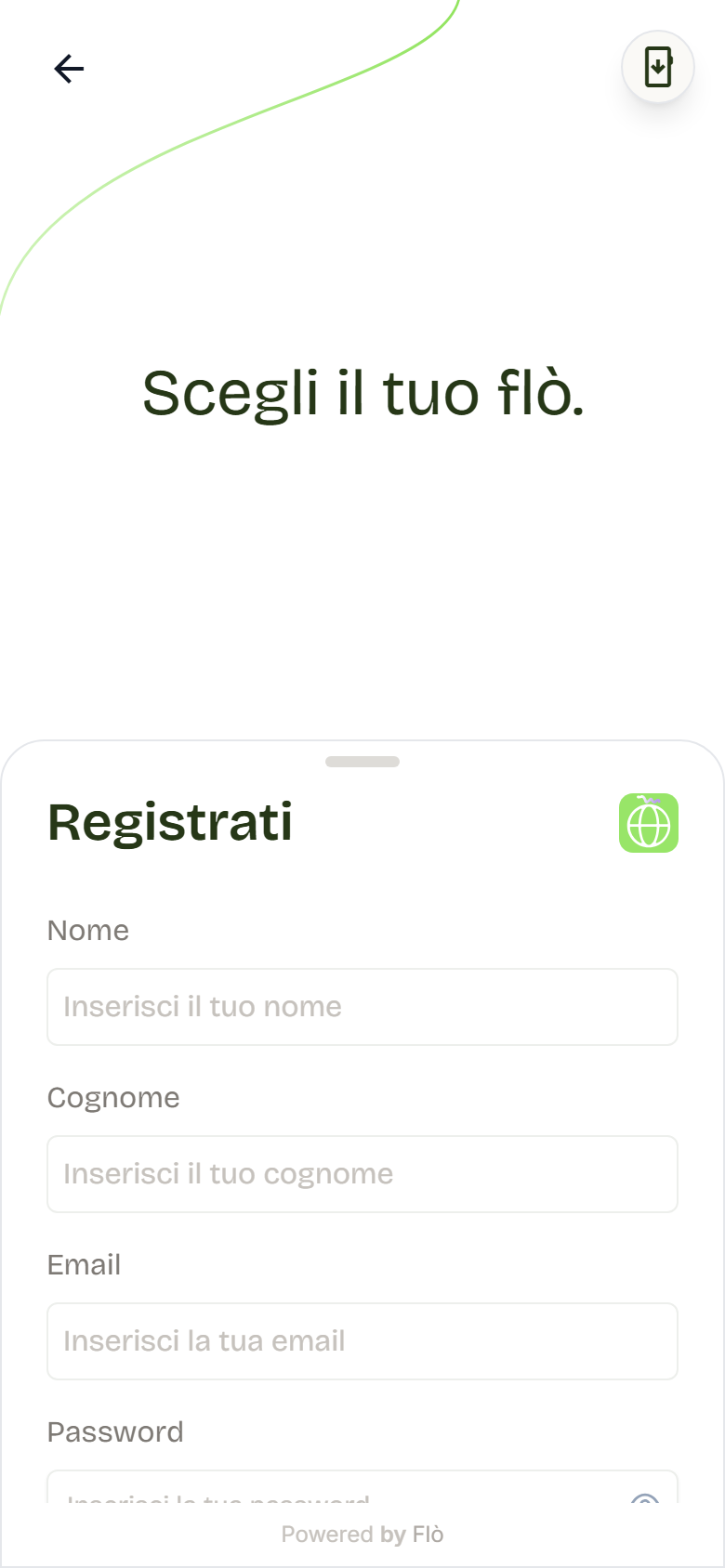 Modulo Registrati con nome, cognome, email, password e le caselle per privacy e termini.