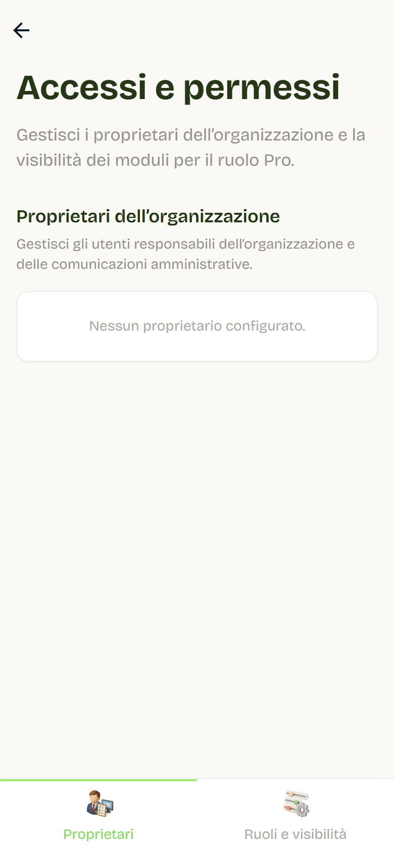 Scheda Proprietari di Accessi e permessi con la tabella Nome ed Email ancora vuota.
