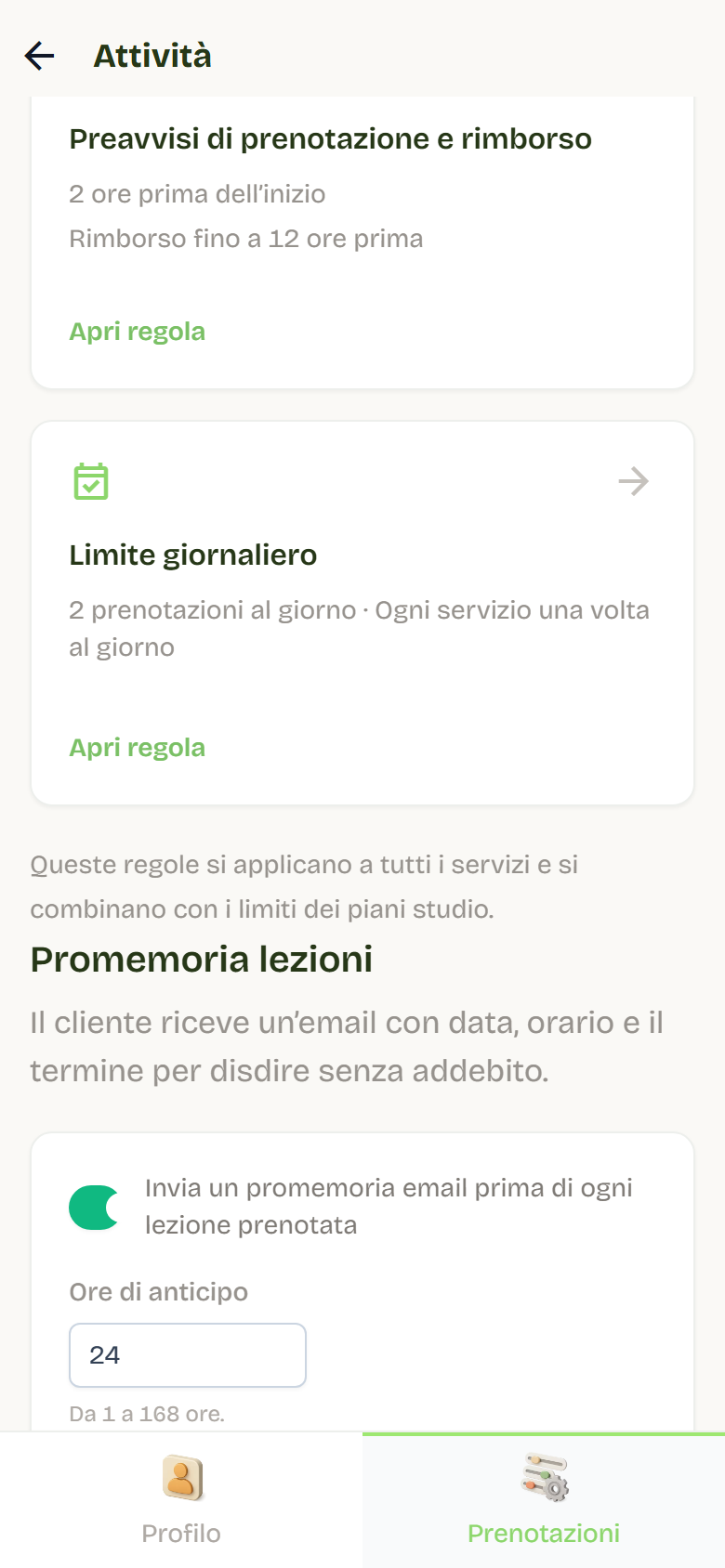 Il riquadro Promemoria lezioni con l'interruttore attivo e il campo Ore di anticipo.