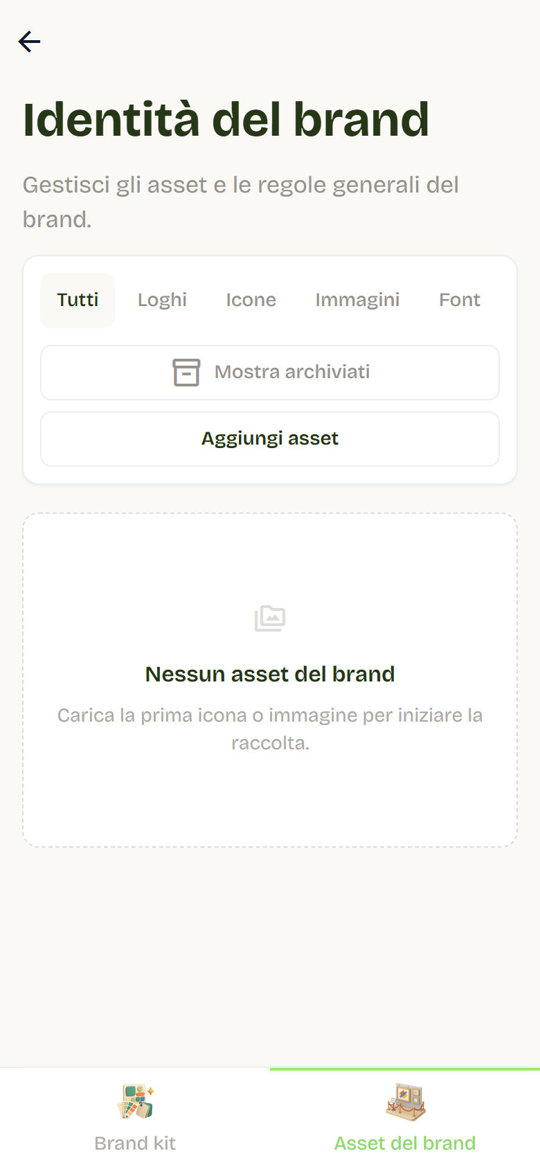 Scheda Asset del brand vuota con i filtri, Mostra archiviati e il pulsante Aggiungi asset.
