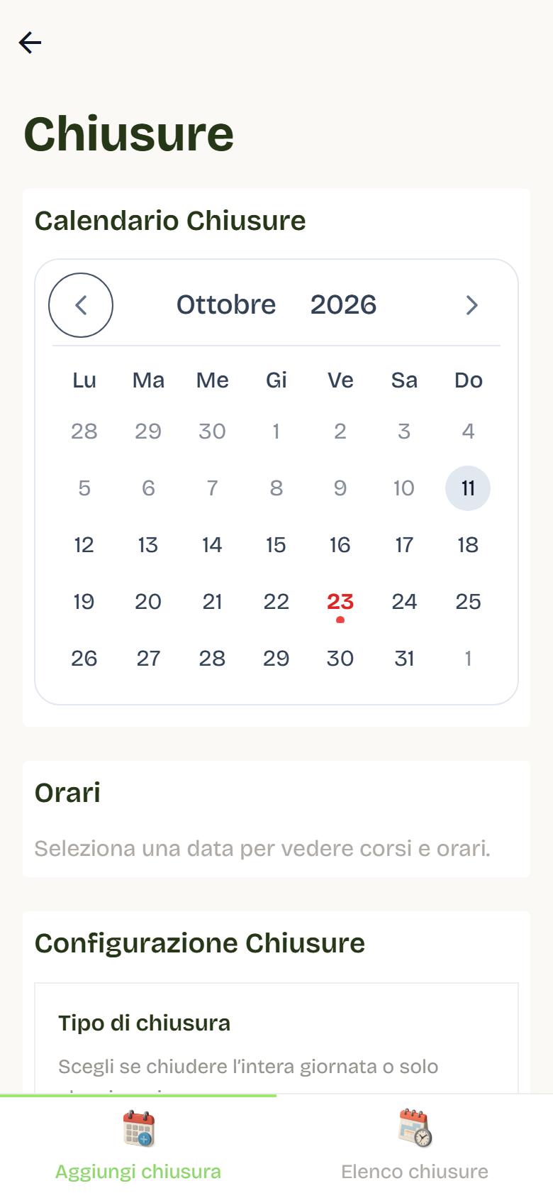 La pagina Chiusure con il calendario di ottobre 2026 e la sezione Configurazione Chiusure.