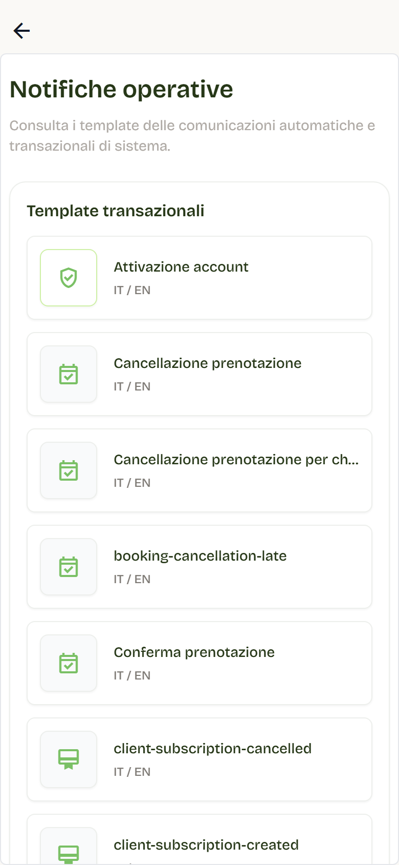L’elenco dei template transazionali, come Attivazione account e Conferma prenotazione, con le lingue IT ed EN.