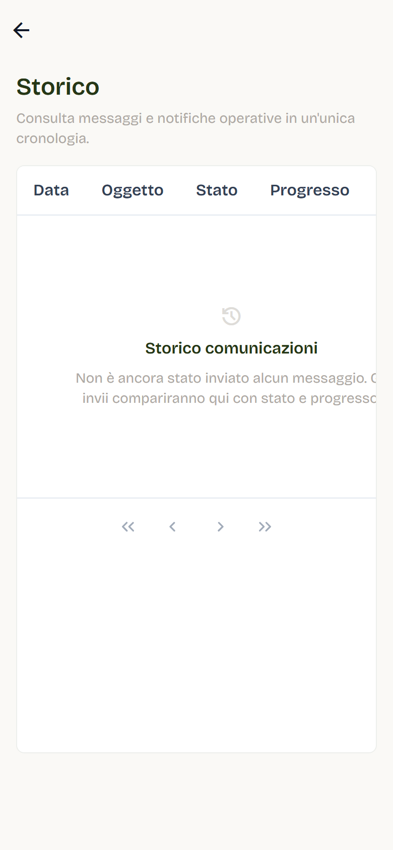 La pagina Storico con le colonne Data, Oggetto, Stato e Progresso, ancora vuota.