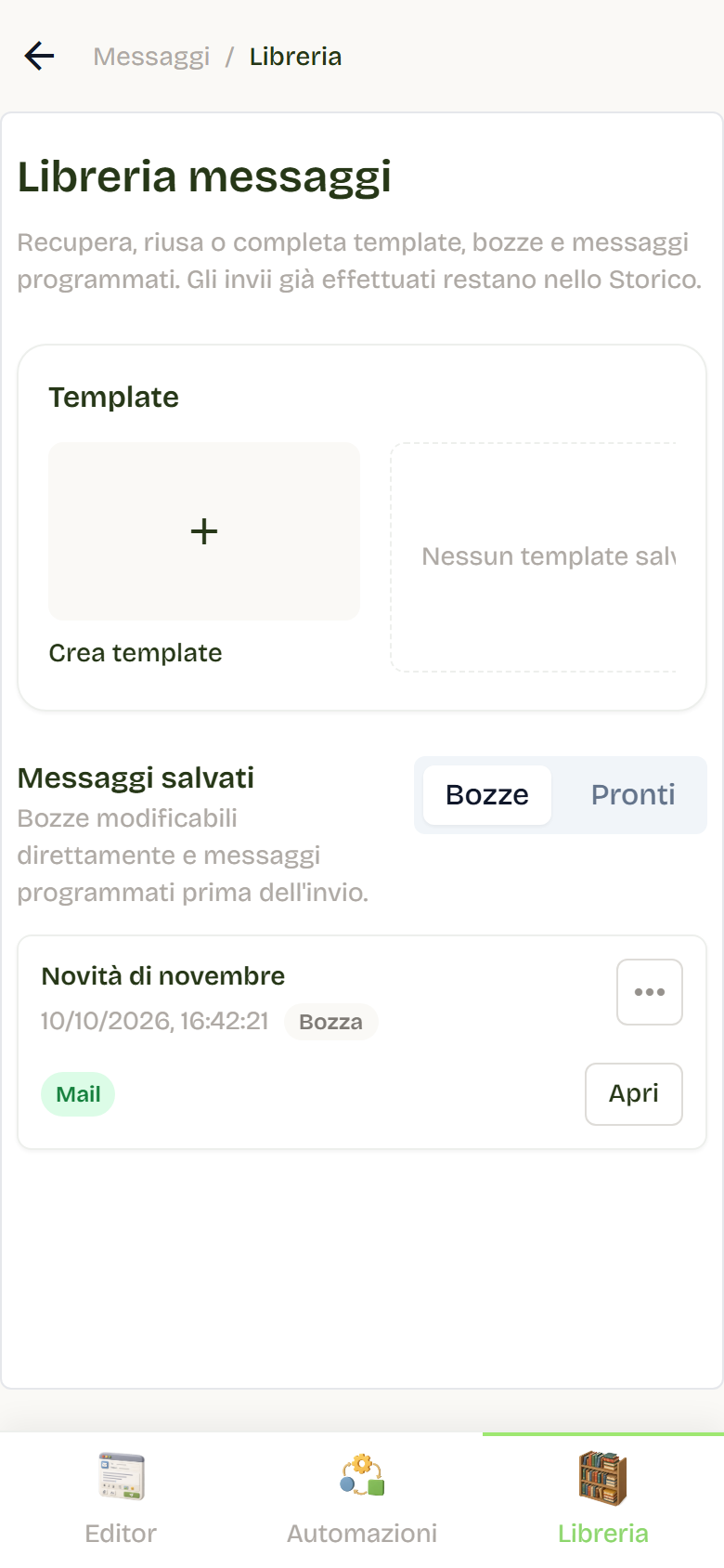 La Libreria messaggi con la sezione Template e una bozza salvata nei Messaggi salvati.