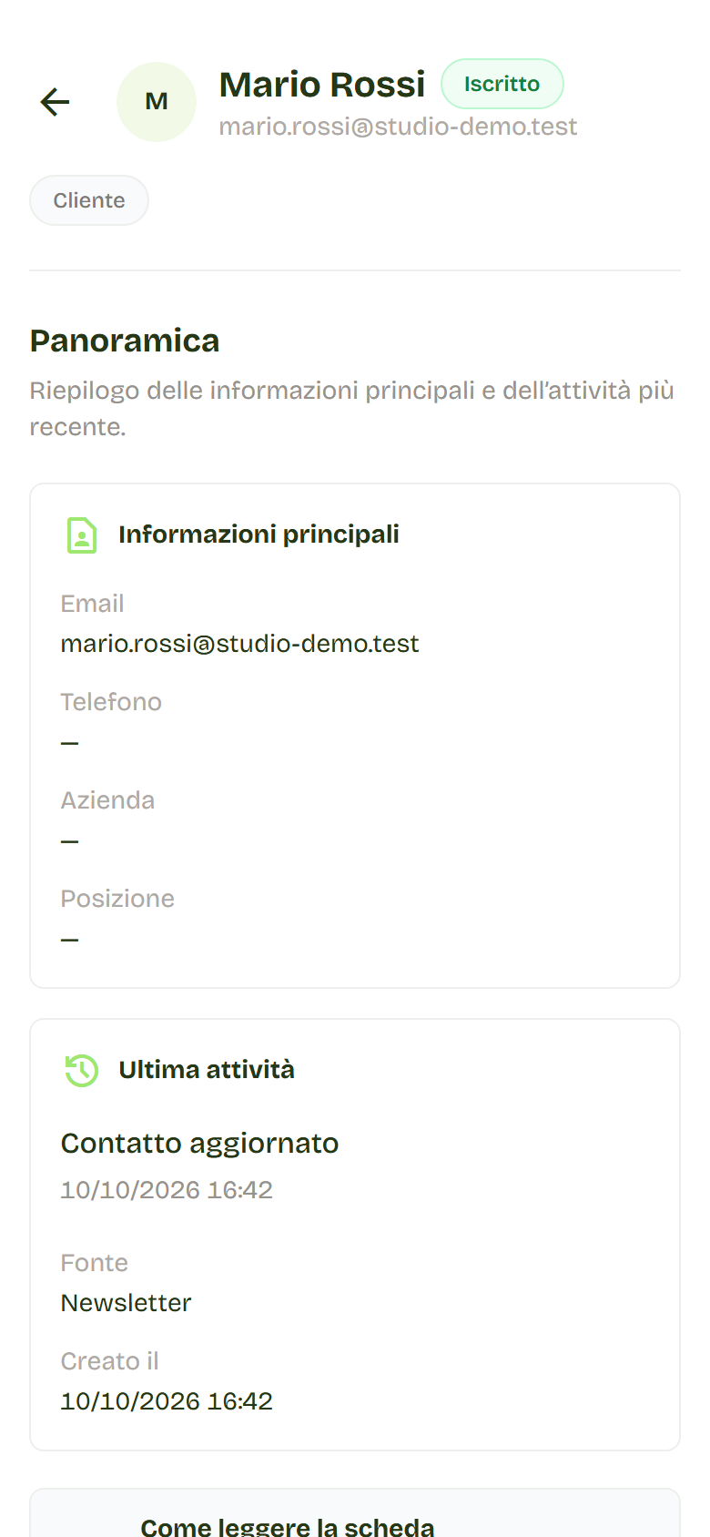 La scheda di Mario Rossi aperta sulla Panoramica, con email, ultima attività e stato Iscritto.