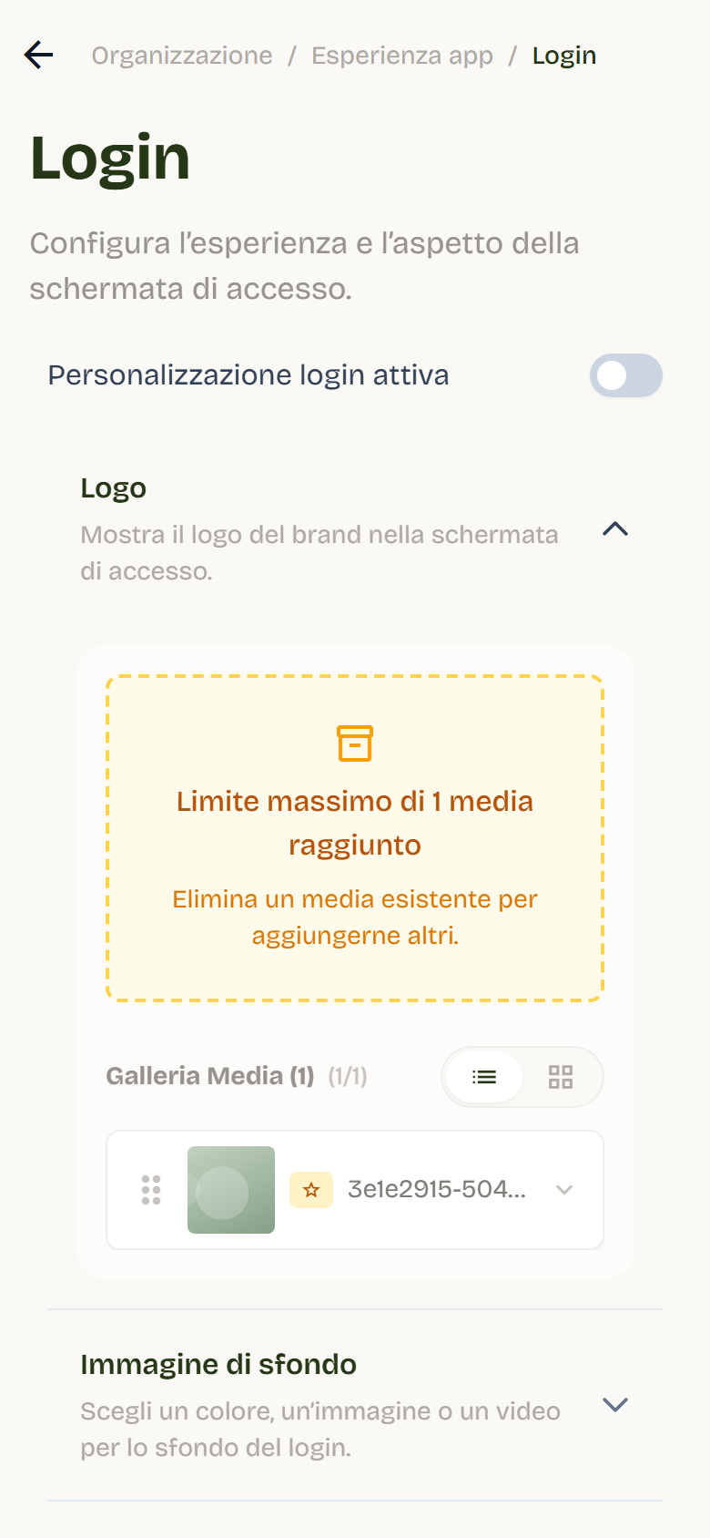 Pagina Login con l’interruttore Personalizzazione login attiva, il logo caricato e l’anteprima a destra.