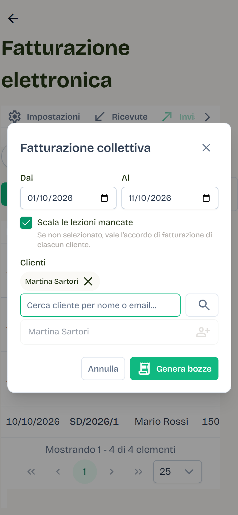 La finestra Fatturazione collettiva con le date Dal e Al, l'opzione Scala le lezioni mancate, la ricerca Clienti con un cliente aggiunto e il pulsante Genera bozze.