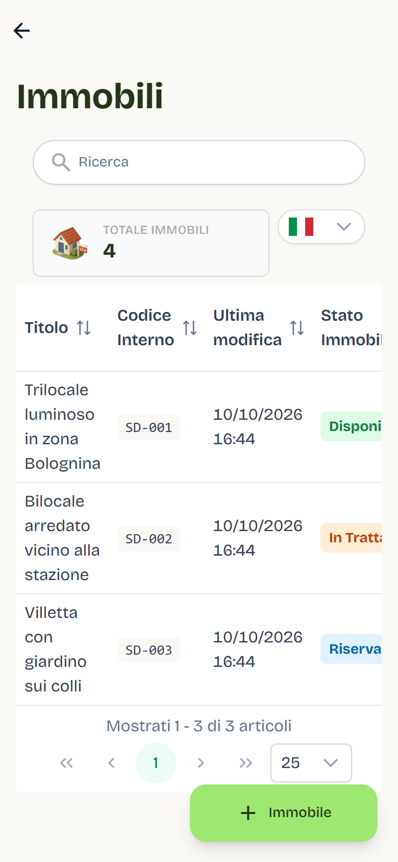 L’elenco Immobili con tre annunci, il loro stato, la visibilità sui portali e i pulsanti Gestisci ed Elimina.
