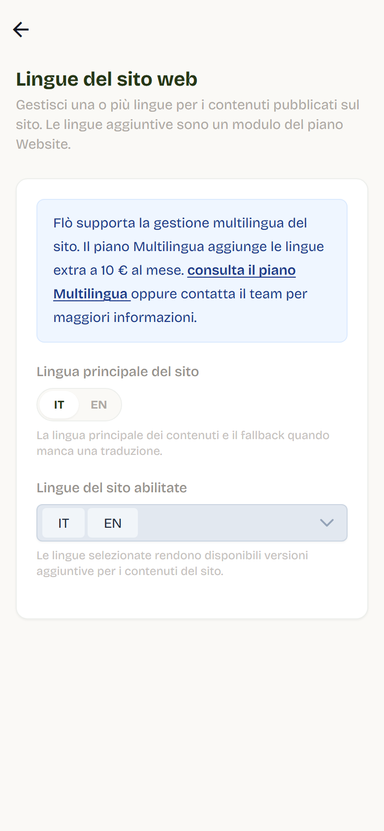 La pagina Lingue del sito web con la lingua principale IT e le lingue abilitate IT ed EN.