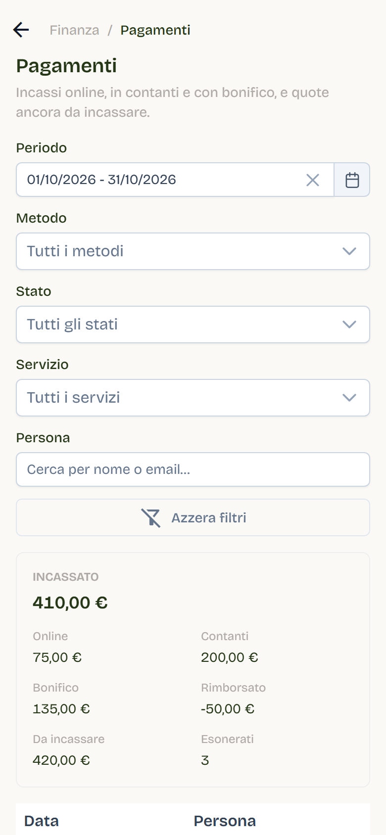 La vista Pagamenti di ottobre 2026 con i totali per metodo e le righe incassate, da incassare ed esonerate.