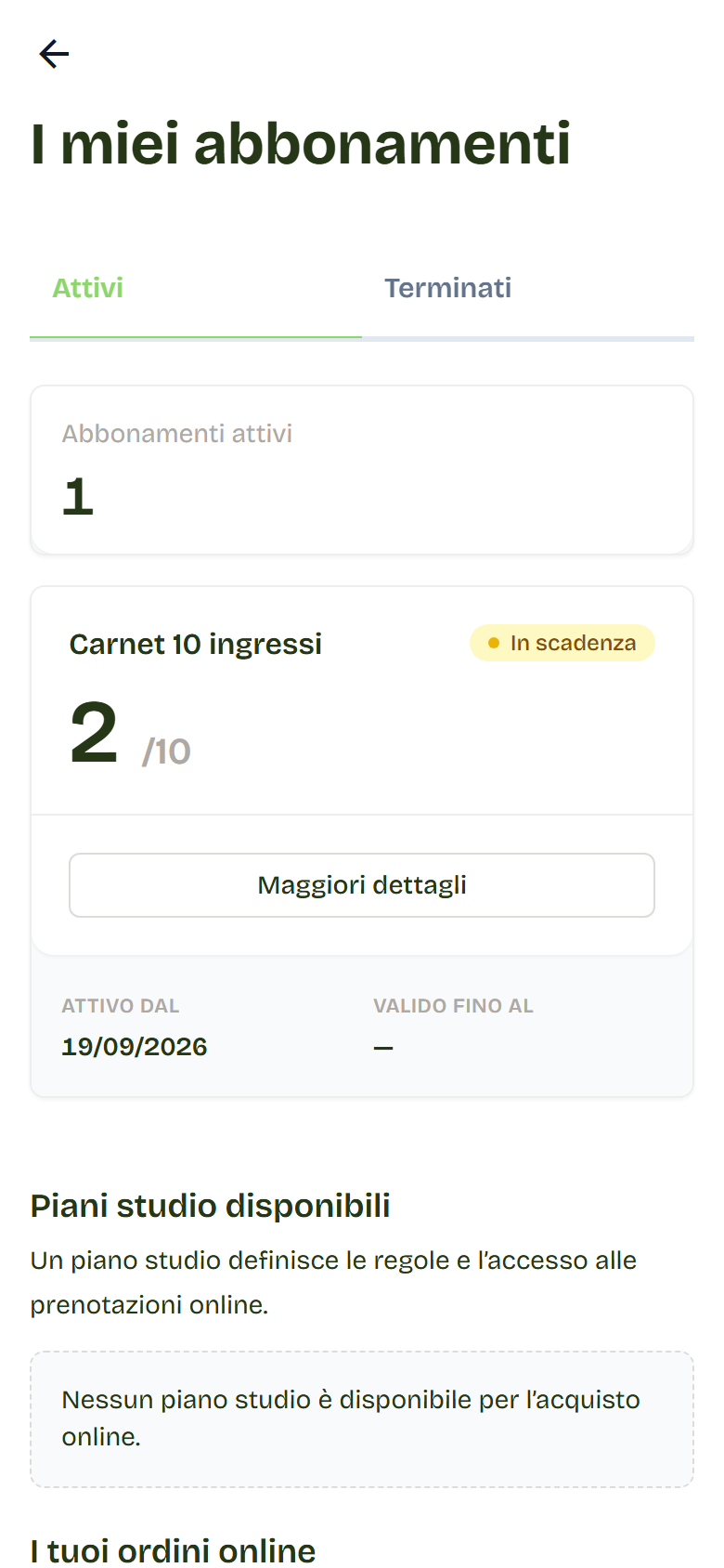 I miei abbonamenti con un Carnet 10 ingressi, 3 ingressi su 10 e il badge In scadenza.