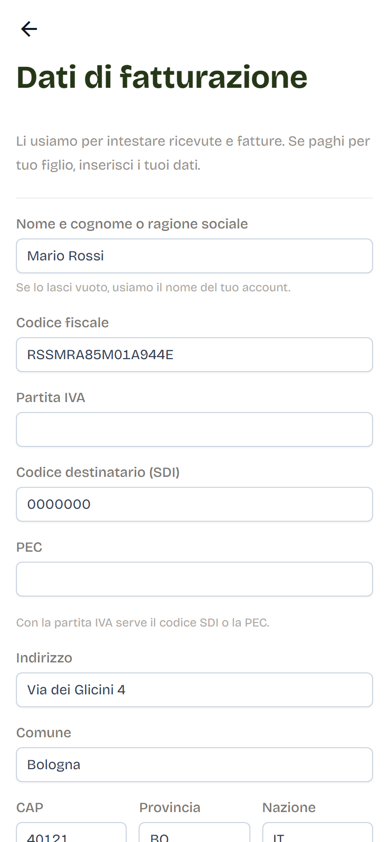 La pagina Dati di fatturazione con nome, codice fiscale, partita IVA, codice SDI, PEC e indirizzo.