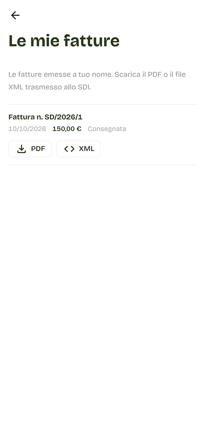 La pagina Le mie fatture con una fattura, la data, l'importo e i pulsanti PDF e XML.