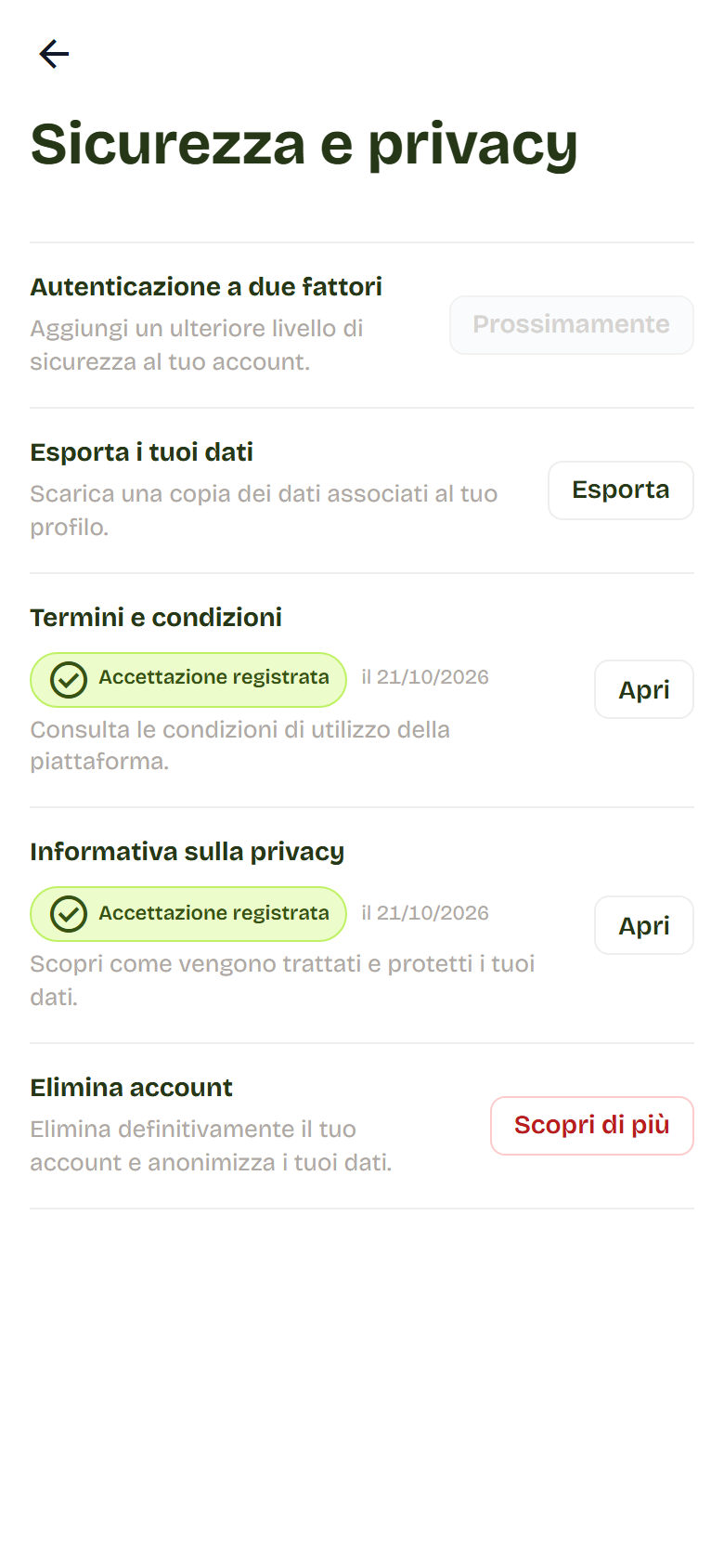 Pagina Sicurezza e privacy con le righe per due fattori, esporta dati, termini, privacy ed elimina account.