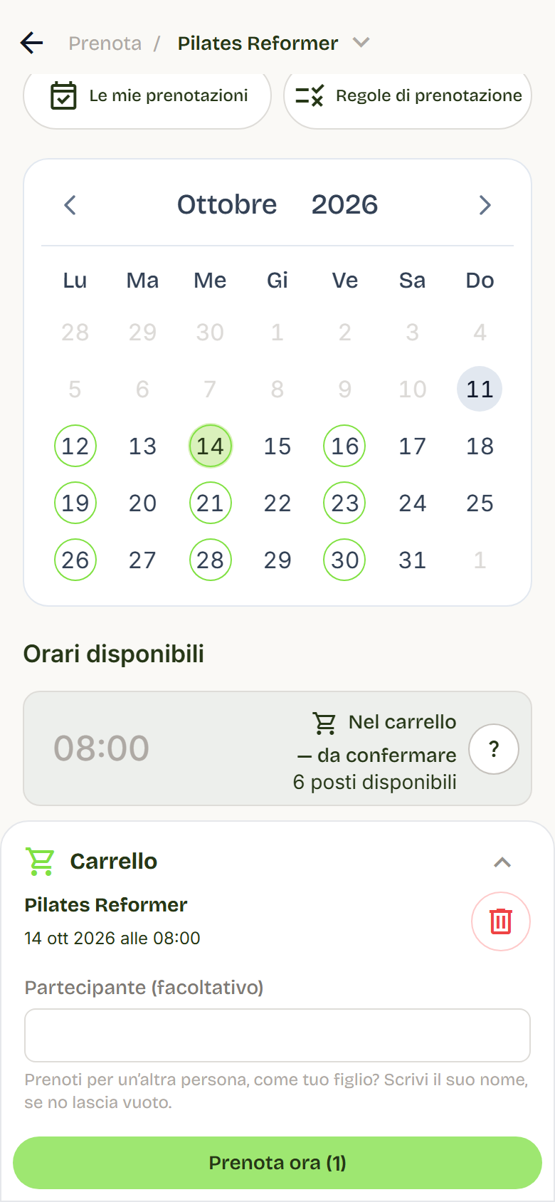 Carrello con una lezione e il pulsante Prenota ora.