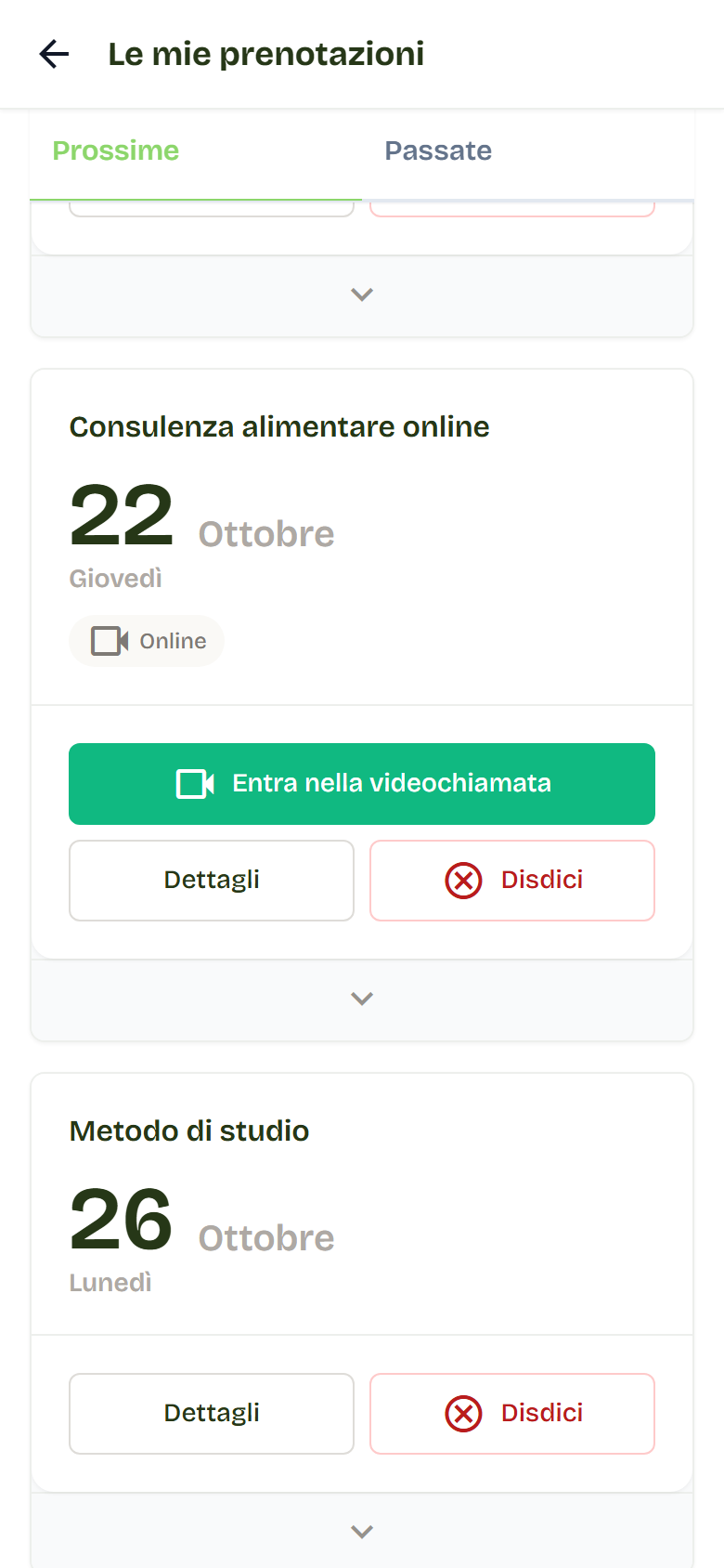Una prenotazione in Le mie prenotazioni con il badge Online e il pulsante Entra nella videochiamata.